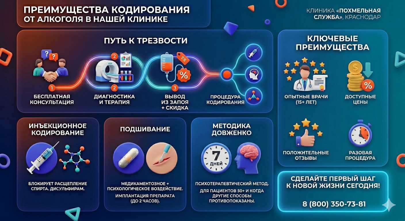 Инфографика о методах кодирования от алкоголя в Иноземцево: инъекции, подшивание, метод Довженко. Преимущества клиники и этапы лечения.