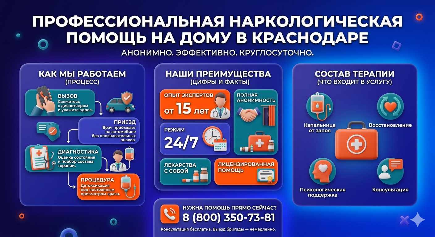 Инфографика о принципах лечения алкоголизма на дому в Иноземцево: этапы вызова нарколога, преимущества анонимной детоксикации и состав медицинской помощи.